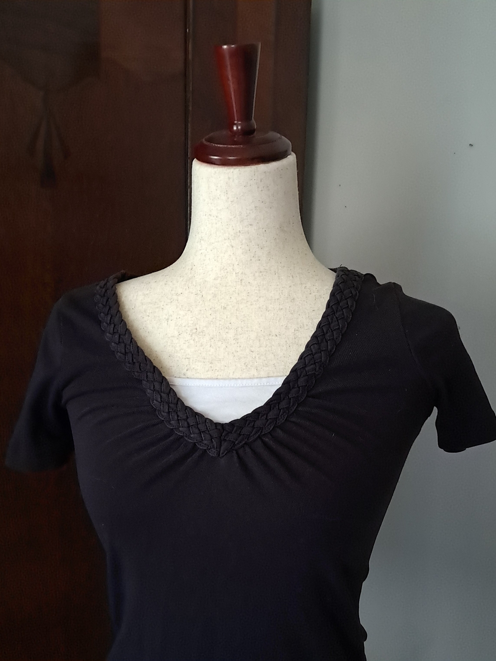 Route 66 Black Short-Sleeve V-Neck Top with Braided Trim